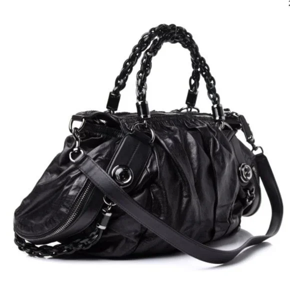 GUCCI Galaxy Two-Way Bag Black Leather Vintage Medium Satchel Purse Silver Chain - Picture 6 of 13